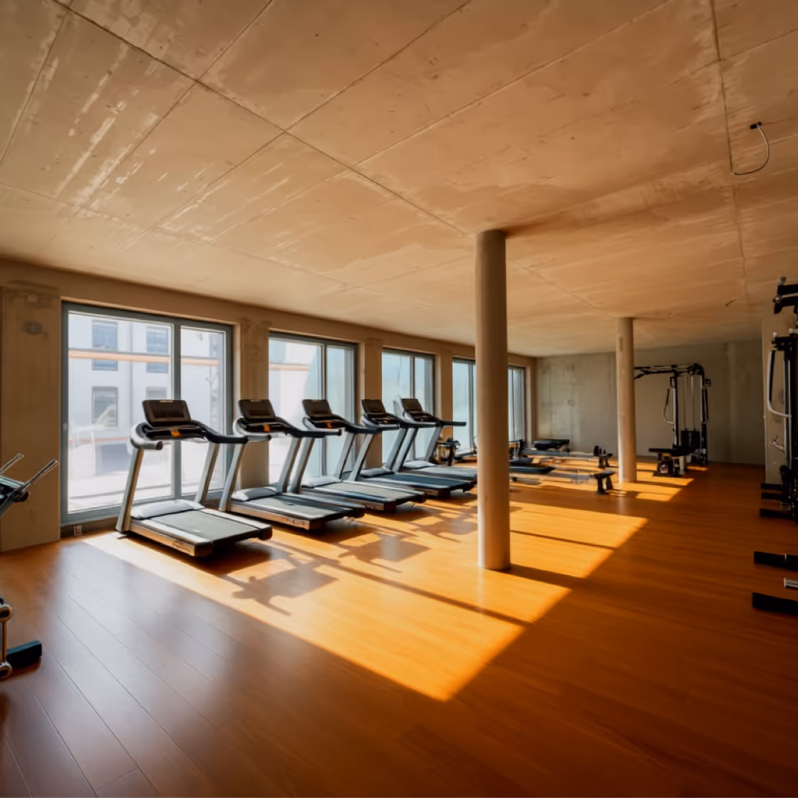 An interior view of a light flooded gym.