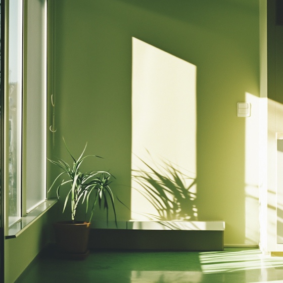 A mood picture of a beautiful green, light flooded room.