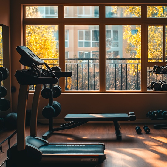 An interior view of a light flooded gym, focussing on the gym equipment.